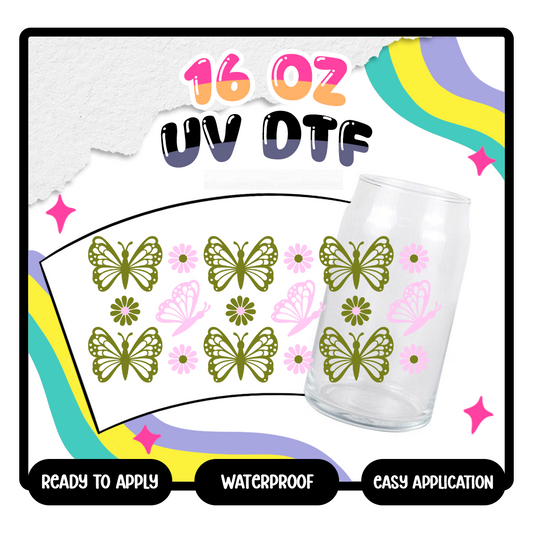 Green Pink Butterflies - 16 oz Glass Wrap